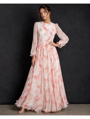 VALENTINO FLORAL PRINT MAXI DRESS IN PINK AND WHITE, SIZE 6